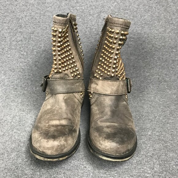 Steve Madden Monicaa Zip Up Studded Moto Mid Calf Taupe Leather Boots Womens 7.5 - Picture 5 of 8